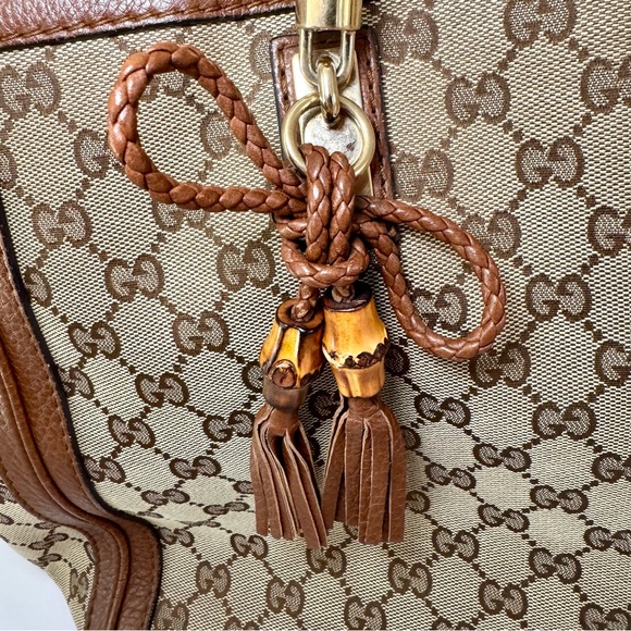 Gucci Medium Bella Tote W Brown & Tan GG Logo Canvas And Braided Leather Trim - Picture 11 of 16